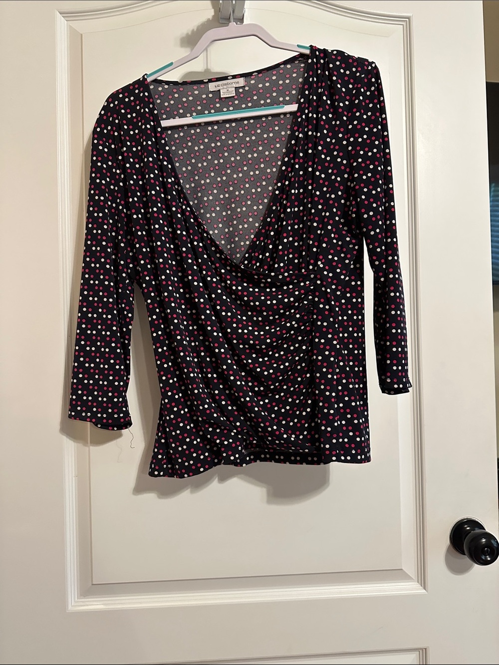Liz Claiborne Black Polka Dot Wrap-Style Long Sleeve Top - Pink & White